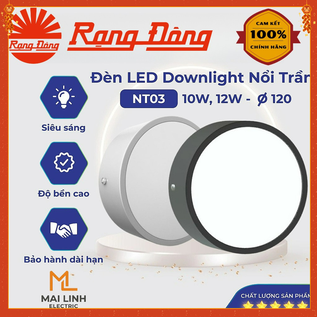 {Rạng Đông} Đèn lon - Đèn ống bơ - Đèn Ốp Nổi Trần Model: NT03 10W 12W Đổi 3 Màu - Vỏ Đen  - Vỏ Trắn