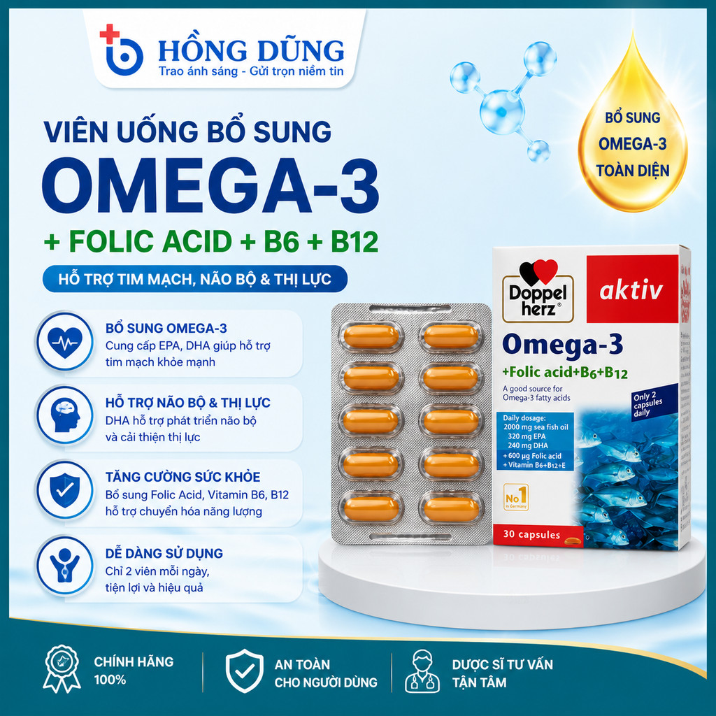 Bổ sung Omega 3 Aktiv DHA Acid Folic B6 B12 - Nhập khẩu từ Doppel Herz Đức - Aktiv Omega hộp 30 viên