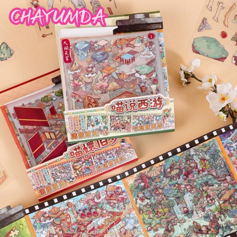 CHAYUMDA DIY Sticker Book, Kawaii Design Scroll Style Cabin Scene, Meow Gets Into Character Cartoon 
