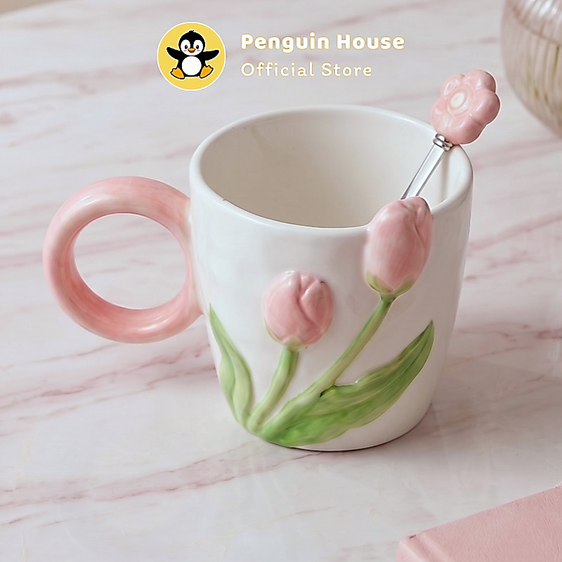 [Penguin] Cốc sứ uống nước Hoa Tulip 400ml cốc sứ cute ly sứ dễ thương quà tặng người yêu_FS5