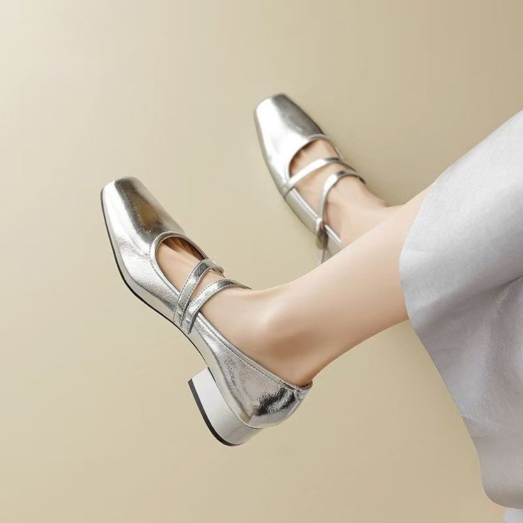 Bạc Pháp Mary Jane Giày Nữ 0 Mùa Thu Cao Gót Giày Đẹp Dày Gót Velcro Giày Da Nhỏ
