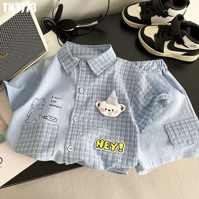 Set Bộ Quần Áo Bé Trai Áo Sơ Mi Phối Kẻ Caro Đắp Nổi Họa Tiết Phong Cách Hàn Quốc MINTSCLOSET TN3773