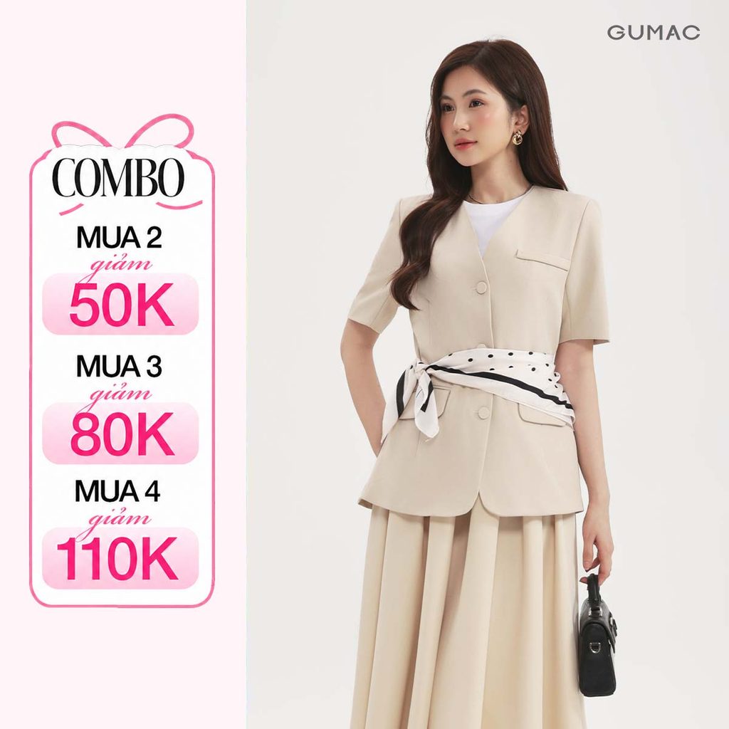 Áo Khoác Blazer Nữ GUMAC Không Cổ Tay Ngắn Có Đệm Vai Chất Xược Ý 2 Lớp Đứng Form LOWG0104