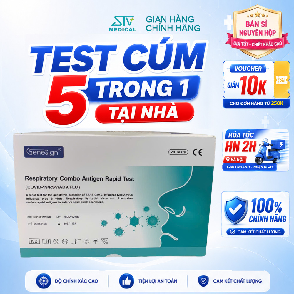 Kit Test Nhanh GeneSign 5 Trong 1 Chính Hãng Phát Hiện COVID-19, RSV, Adenovirus Cúm A/B Hộp 20 Test