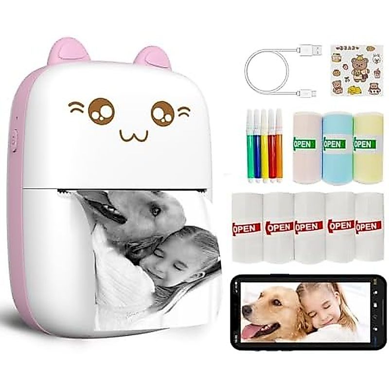 Mini Printer Portable, Inkless Sticker with 8 Rolls Paper, Bluetooth Wireless mini thermal printer C