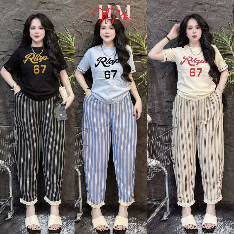 (Bigsize 45-85kg)Set đồ bộ mặc nhà áo thun cotton in chữ phối quần sọc lenin dáng baggy 3 màu