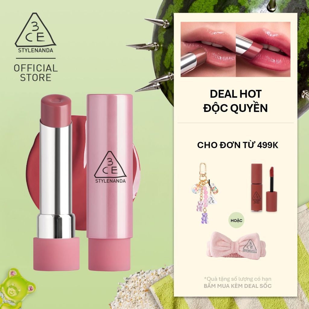 Son Bóng 3CE Glazy Lip Glow Dưỡng Môi Căng Mọng, Mềm Mịn, Lên Màu Chuẩn Sắc, Không Bết Dính, Tự Nhiên