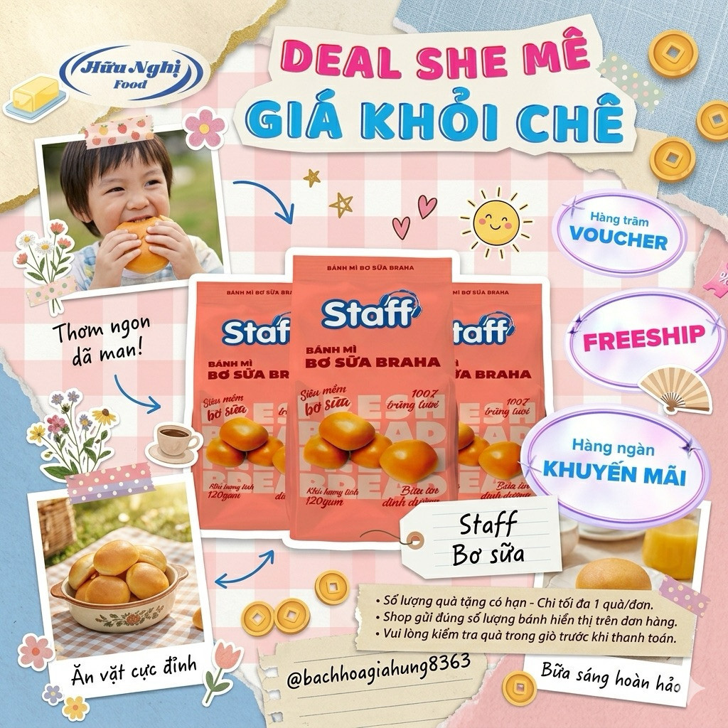 HNST Thùng 24 Gói Staff Hữu Nghị Food Bánh Mì Bơ Sữa Braha 120Gam