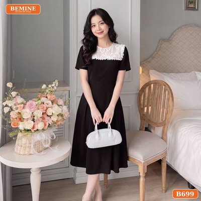Đầm thiết kế BEMINE cổ tròn phối ren hoa dáng chữ A phù hợp đi làm-B699