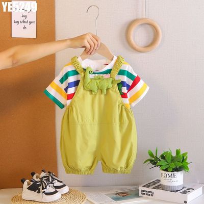 Bộ Quần Yếm Short Bé Trai Kèm Áo Thun Sọc Nhiều Màu Đính Khủng Long Nổi Ba Màu MINTSCLOSET YE5249