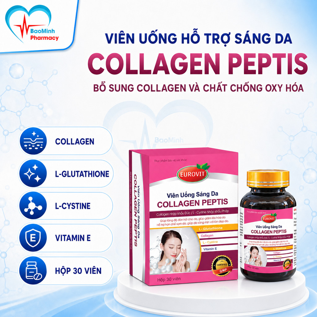 [Date 07/26] Eurovit Collagen Peptis Bổ Sung Collagen, Glutathione Giúp Da Sáng Mịn 30 Viên/Hộp
