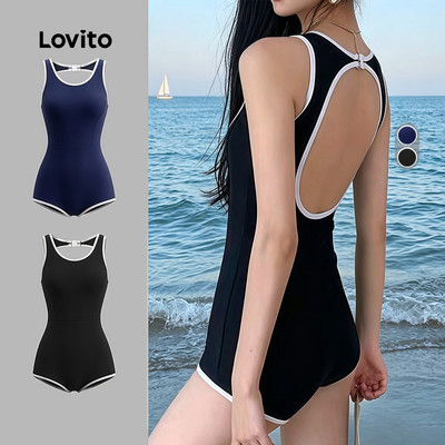 (New Arrival) Lovito  Đồ bơi một mảnh thể thao viền tương phản lưng trần tinh tế màu đen đồ bơi một mảnh mùa xuân/hè cho nữ LNE147250