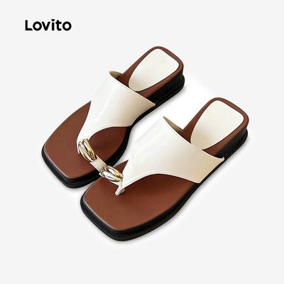 (New Arrival) Lovito Sandal Đế Bằng Kiểu Dáng Hàn Quốc Phối Màu Thời Trang Màu Trắng Phù Hợp Cho Nữ Đi Làm LFA118025
