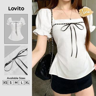 (New Arrival) Lovito Áo kiểu nữ cổ bèo buộc dây đơn giản mùa xuân/hè màu đen trắng thanh lịch BLK8P2D943