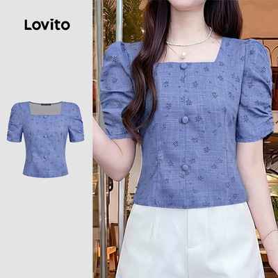 Áo Lovito thanh lịch xếp ly có nút phía trước mùa xuân/hè màu xanh dương cho nữ LK4ED880