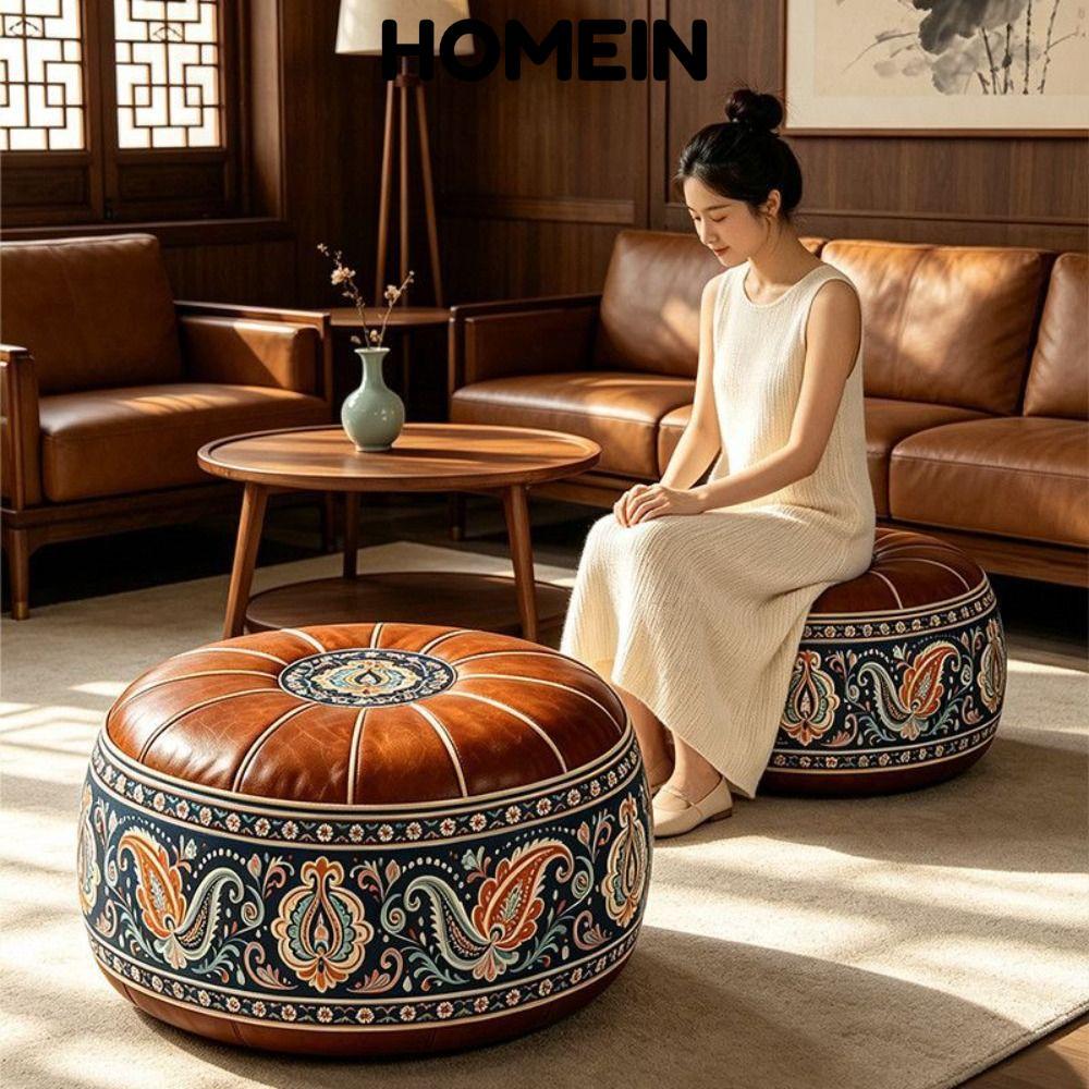HOMEIN Storage Ottoman, Hình Tròn Da PU Có Thể Lấp Đầy Ottoman Pouf, Phong Cách Ma-rốc Thêu Họa Tiết