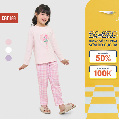 Bộ quần áo bé gái CANIFA bộ thu đông dài tay có hình in quần kẻ caro 1LS25W009