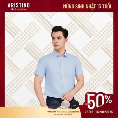 Áo Sơ Mi Nam màu xanh dương nhạt dệt Jacquard Aristino dáng Regular Fit tay ngắn ASS116AS2