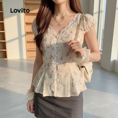 Lovito Phong cách thường ngày Áo sơ mi ren xinh xắn cài nút trước cho nữ mùa xuân hè L154ED1015