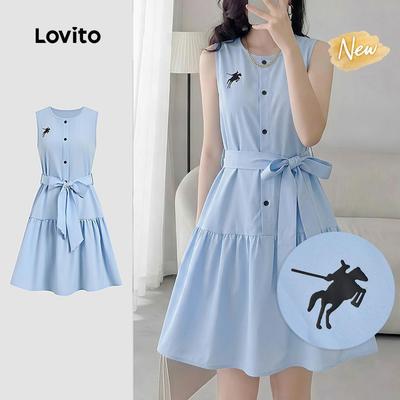 (New Arrival) Lovito Đầm thường ngày nữ màu xanh dương mùa xuân/hè có thắt lưng họa tiết bèo nhún L198ED340