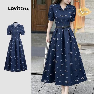 (New Arrival) Lovito Đầm thường ngày dáng chữ A nút cúc xếp ly khóa kéo màu xanh navy dành cho nữ DRBR37BR184