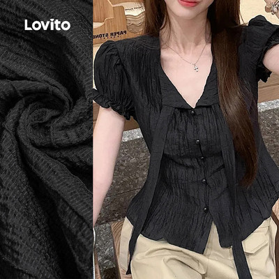 Lovito Áo sơ mi nữ cổ quấn thắt dây nút mùa xuân hè màu đen L154LD116
