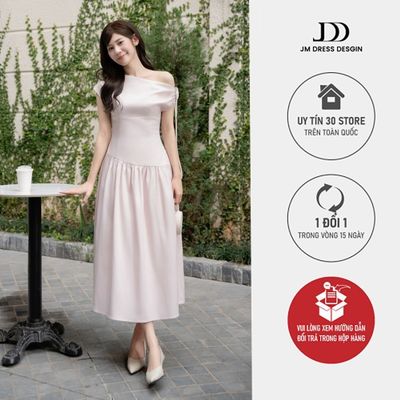 Đầm Xuân Hè Trễ Vai Lệch Xếp Ly Nhún, Chân Nhún Đổ 1S09.2601. Đầm Dáng Dài Nữ Tính Thanh Lịch Dự Tiệc Tiểu Thư Bởi JM