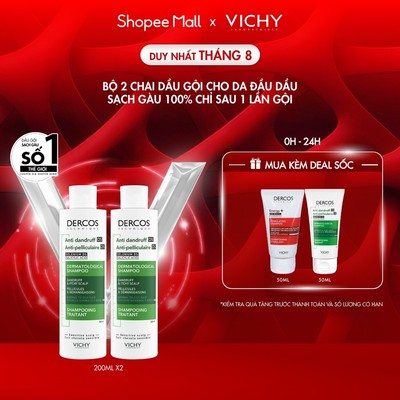 Bộ 2 Dầu gội sạch gàu Dercos VICHY 100% chỉ sau 1 lần gội dành cho da dầu ngứa SỐ1 Việt Nam chuyên gia khuyên dùng 200ml