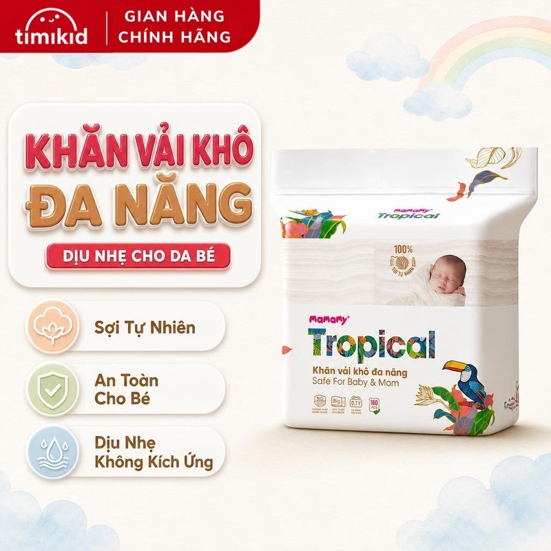 Khăn vải khô đa năng Mamamy Tropical cao cấp dùng thay khăn sữa, an toàn cho bé 180 tờ/hộp