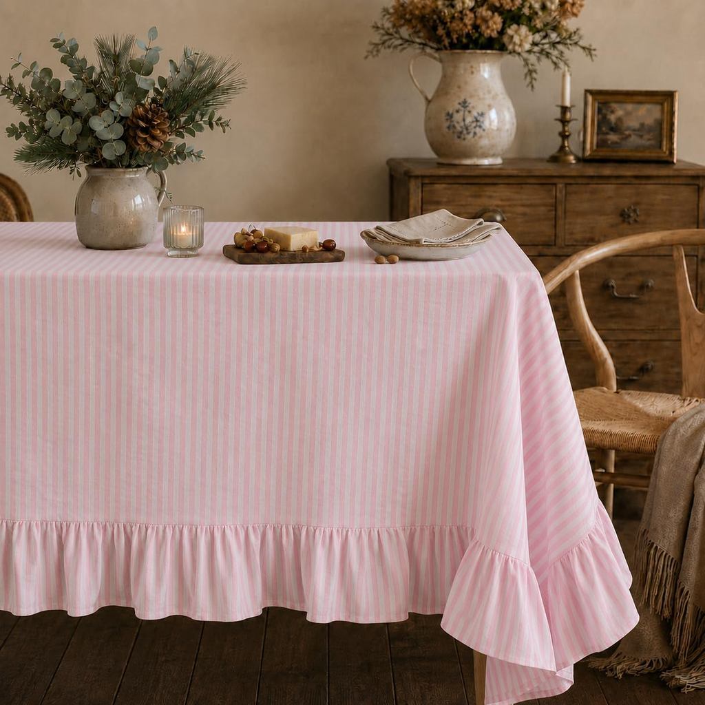 Khăn trải bàn sọc hồng Khăn trải bàn bằng vải Cotton phong cách trang trại, Khăn trải bàn hình chữ n
