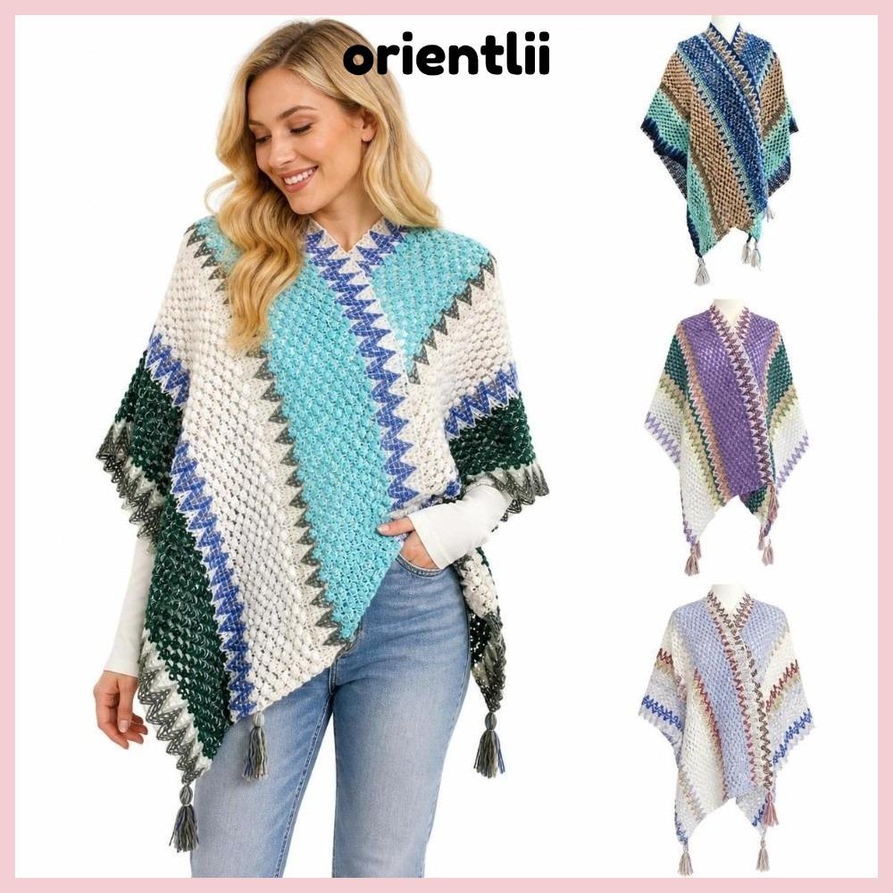 ORIENTLEE Bohemian Đan Poncho, Áo choàng dệt kim tua rua sọc màu, Áo chui đầu thông thường Dân tộc B