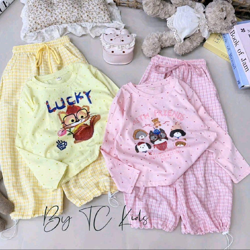 Elsakids.Sét bộ thu đông bé gái, áo phông giấy, quần kẻ LUCKY X77