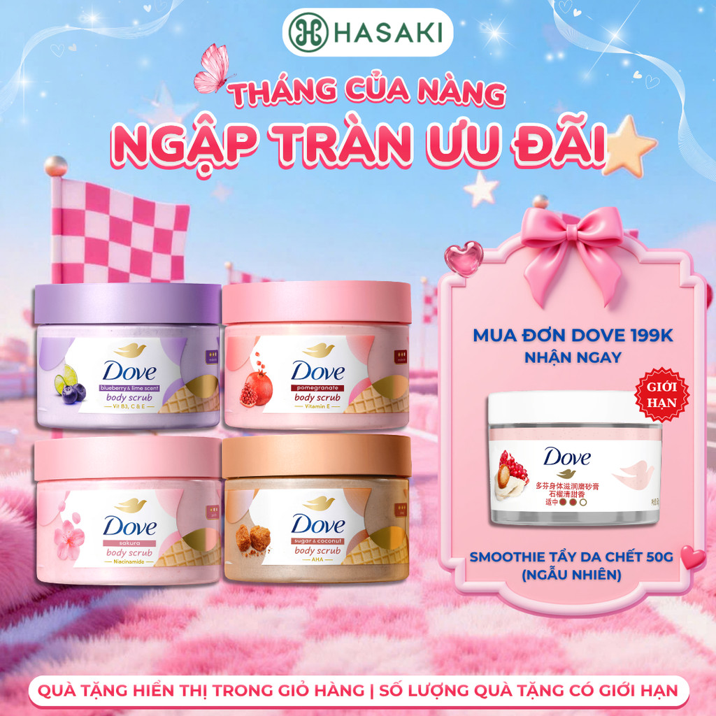 Smoothie Tẩy Da Chết Dove Hương Lựu Đỏ, Anh Đào, Đường Nâu & Dừa, Việt Quốc & Chanh Hasaki Chính Hãng