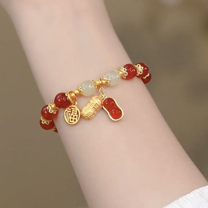 Vòng tay hạt đậu đỏ thương hiệu Hetian, chất liệu acacia và ngọc Hetian, thiết kế tinh tế phong cách