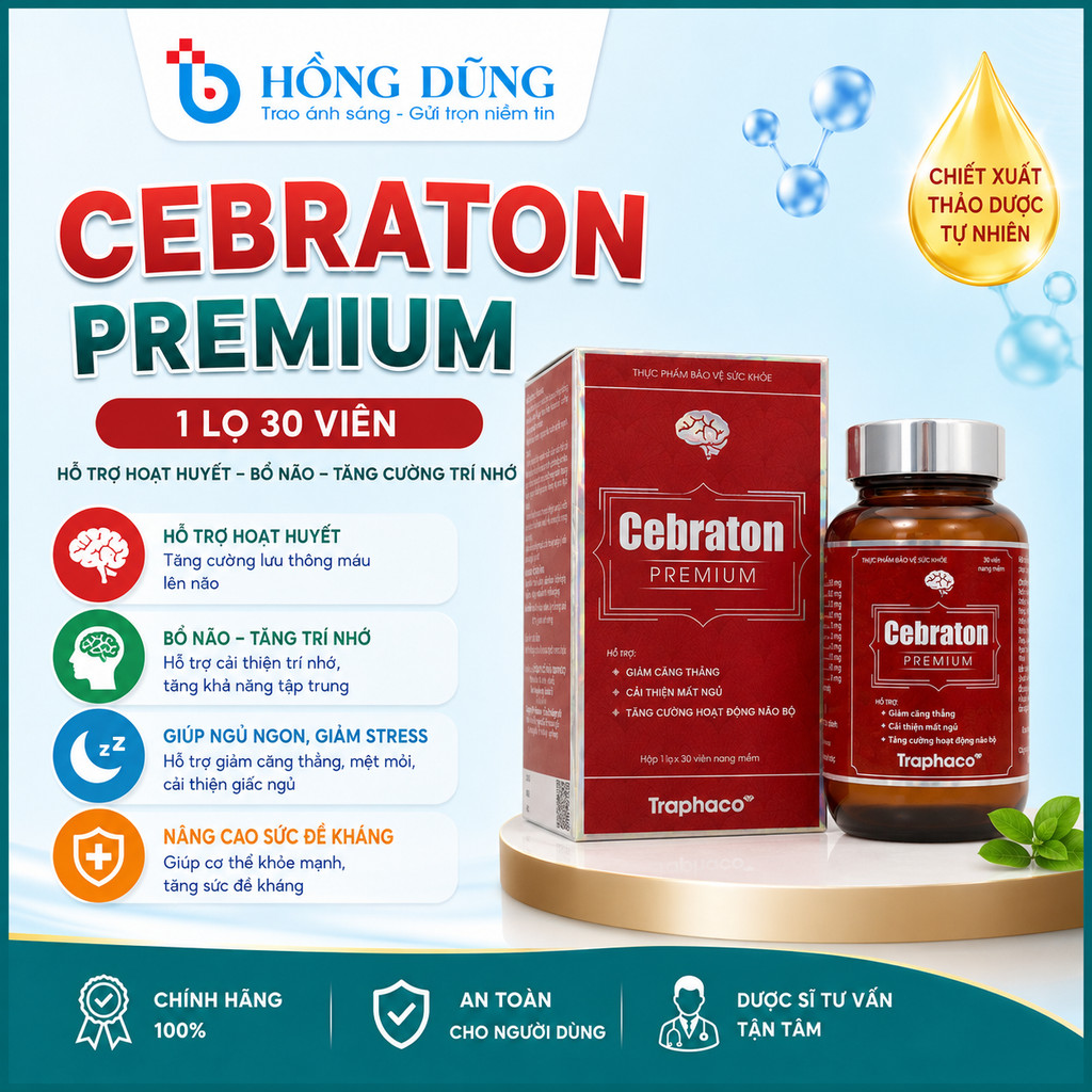 Cebraton Traphaco Bổ Não Cao Cấp Giảm Căng Thẳng Đau Đầu Cải Thiện Mất Ngủ Lọ 30v