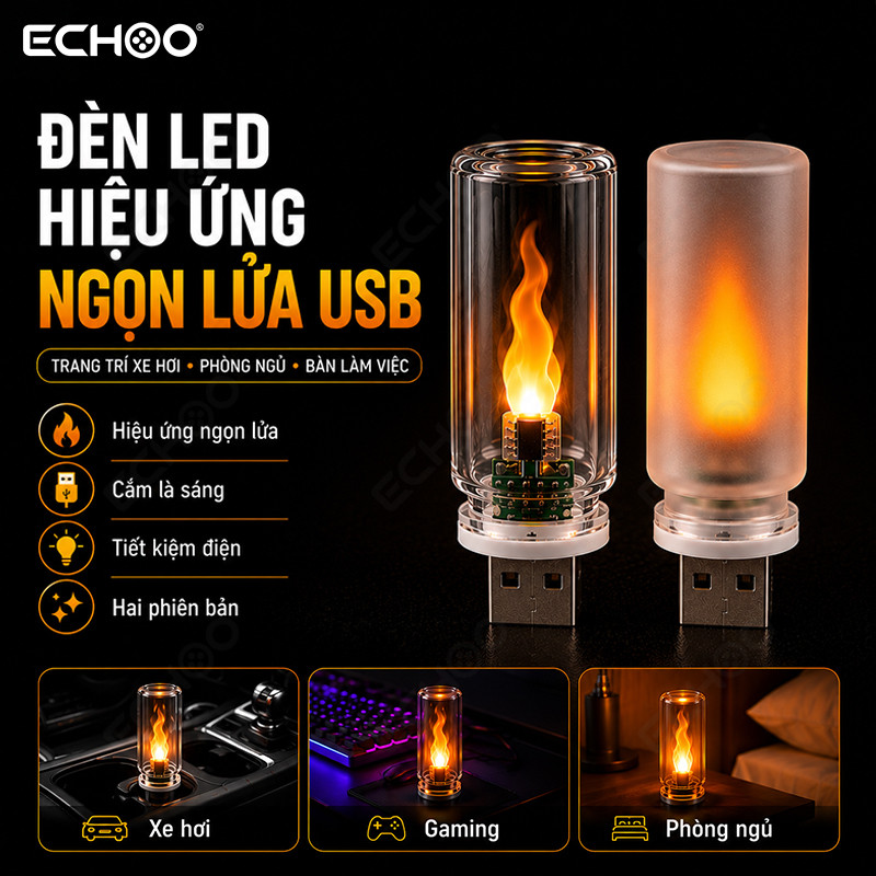 Đèn LED USB Hiệu Ứng Ngọn Lửa Trang Trí Gaming Setup Đèn Decor PC Xe Hơi Phòng Ngủ Ambient Light