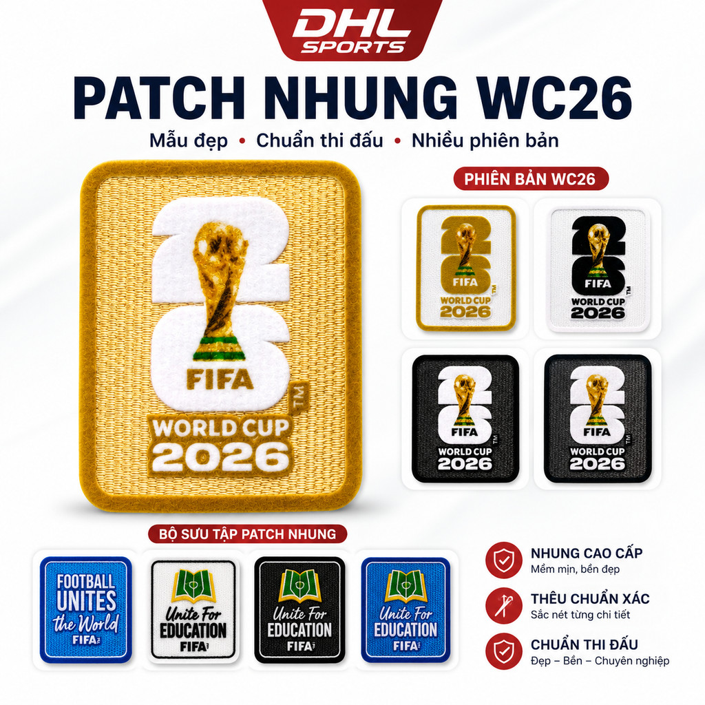 Patch Nhung Tay Áo World Cup 2026 Chuẩn Thi Đấu, Patch Ép Nhiệt Bóng Đá Cao Cấp, Chống Nhiễm Màu