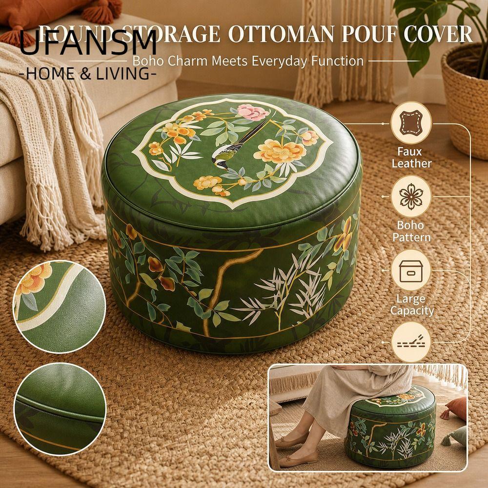 UFASM Ottoman Pouf, Boho Họa Tiết Lấp Lánh Thiết Kế Chân Bao, Mở Lớn Da PU Chống Nước Tròn Pouf Bao 