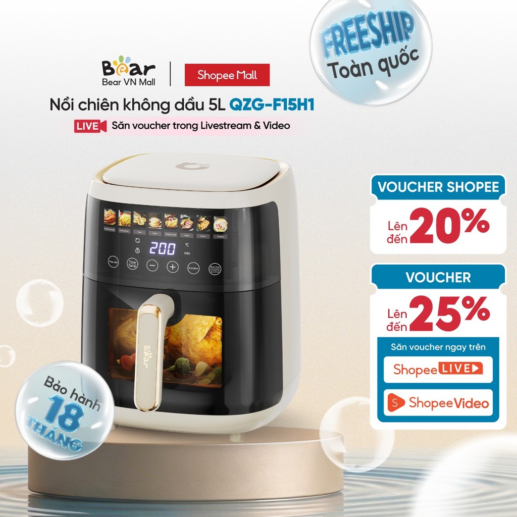 Nồi Chiên Không Dầu 5L Bear QZG-F15H1 - Hàng Chính Hãng