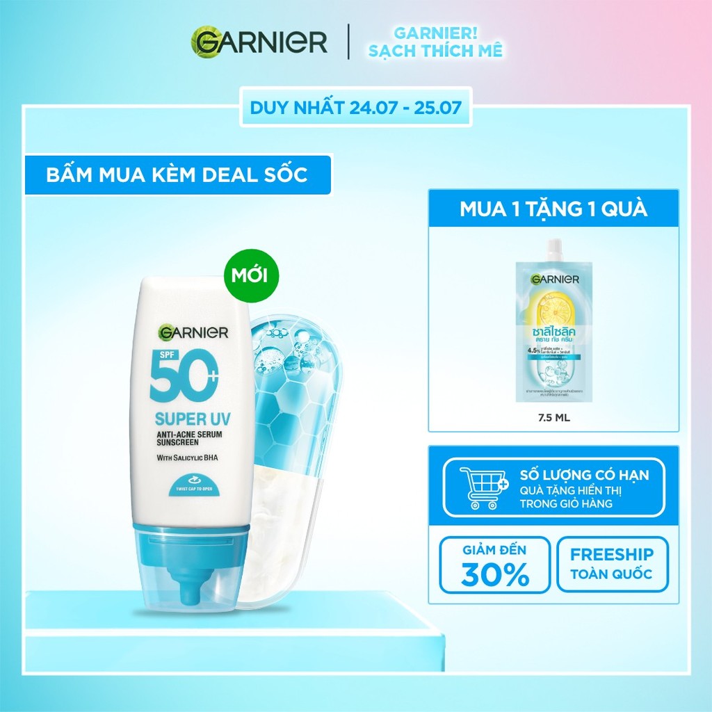 Kem Chống Nắng Garnier Phổ Rộng Kiềm Dầu Đến 12H & Hỗ Trợ Giảm Mụn Spf 50+PA++++ 30ML
