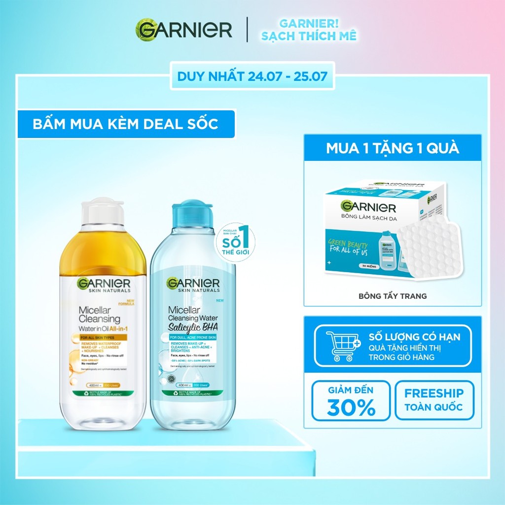 Bộ 2 Nước tẩy trang dành cho da dầu mụn & trang điểm Garnier Micellar Water (400mlX2)