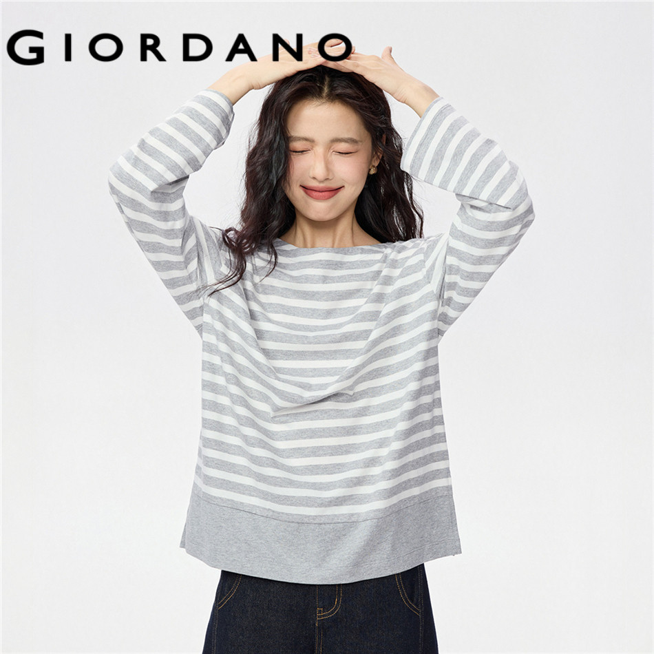 GIORDANO WOMEN cotton striped boat neck long sleeve tee 13326772