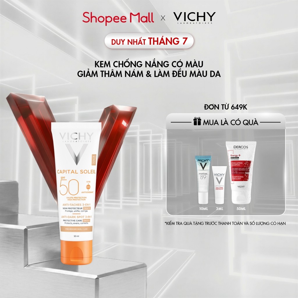 Kem chống nắng giảm thâm nám SPF50 Vichy Capital Soleil UVB+UVA Anti DarkSpot 3in1 50ml