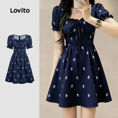 (Phong cách thường ngày) Lovito Váy Buộc Dây Xòe Mùa Xuân/Hè Xanh Navy cho Nữ LBL33053