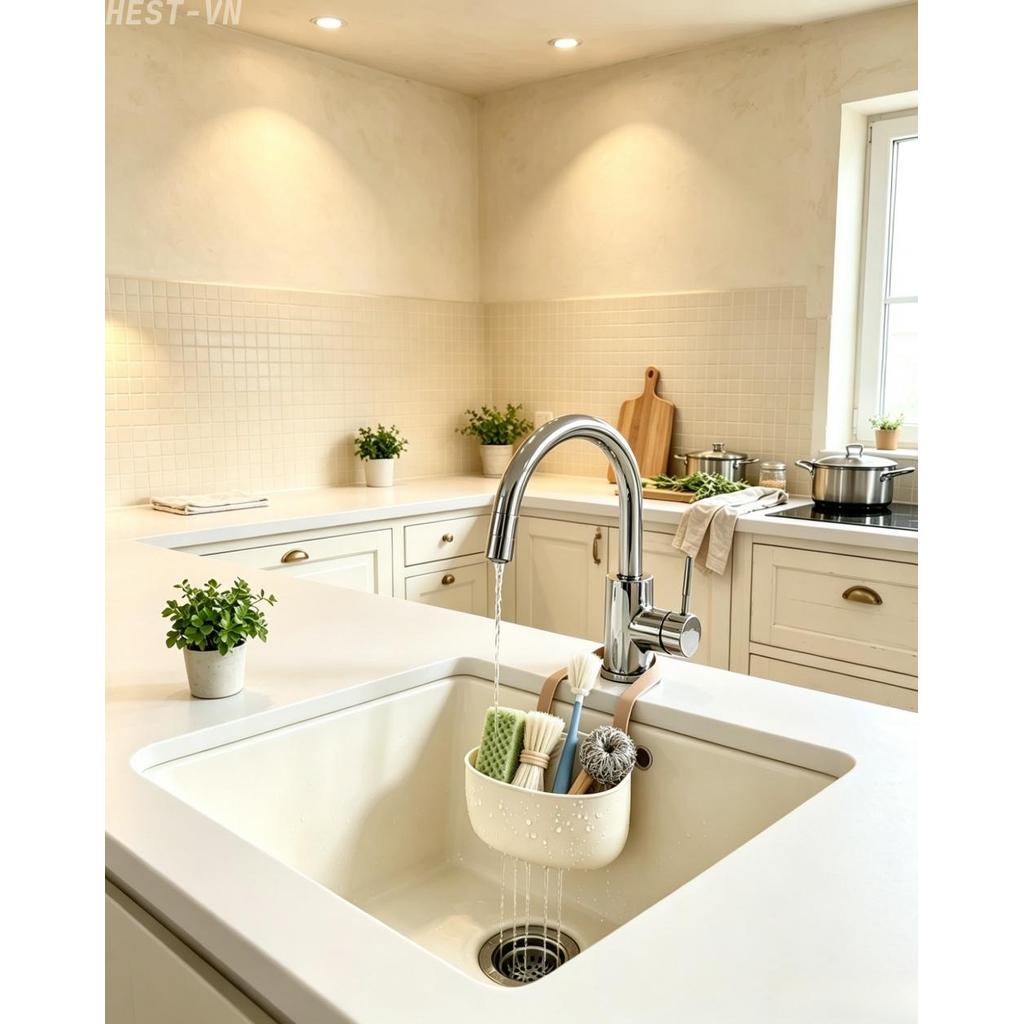 Brown Sink Drain Basket Hanging Organizer for Sponges Near Faucet or Double Sink