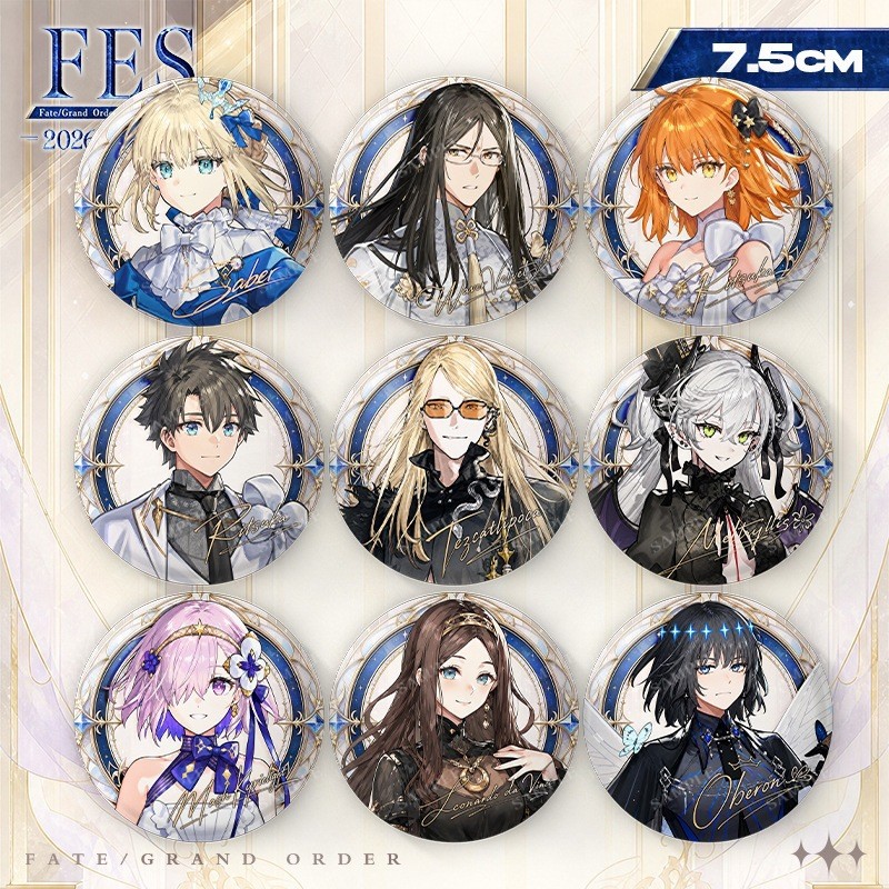 FGO 2026 FES Huy Hiệu Sabre Oberon Leonardo Da Vinci Meltliith Tinplate Pin Polaroid Photocard Anime