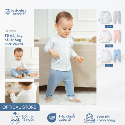 Bộ quần áo dài tay cài thẳng Soft World BU Baby, bộ bé trai bé gái sơ sinh, đồ bộ cho bé | SBB110204