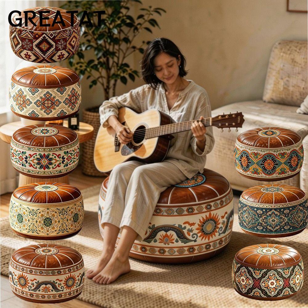 GREAT Ghế Để Chân, Da PU Họa Tiết Chim Tròn Ottoman Phân, Hình Tròn Có Thể Lấp Đầy Phong Cách Vintag