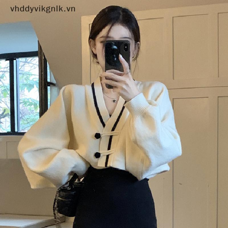 Vhd V Ne Màu Tương Phản Batwing Tay Áo Khoác Ngoài Nút Sang Trọng Áo Len Cardigan VN