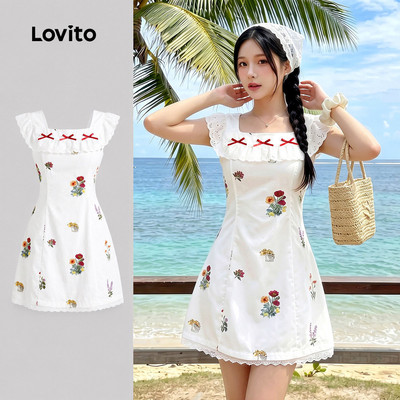 Lovito Kỳ nghỉ Đầm Dễ Thương in Họa Tiết Ren Thắt Nơ Hơi Xuyên Thấu Thích Hợp Cho Mùa Xuân/hè Dành Cho Nữ L179AD032